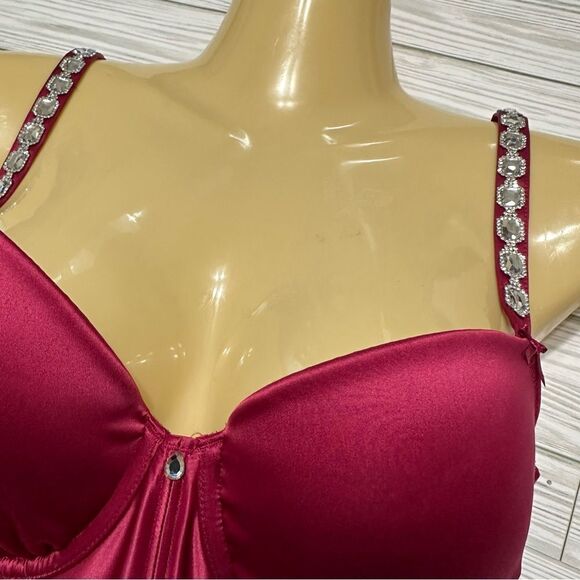VICTORIA’S SECRET DREAM ANGELS RHINESTONE STRAP RASPBERRY CORSET BUSTIER 34DD - Picture 3 of 9